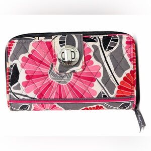 Vera Bradley Quilted Zip Around Wallet Floral Pink Gray Turn Lock